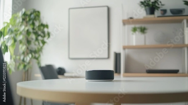Fototapeta An advanced virtual assistant device with a modern interface in a clean, minimalist home office, showcasing sleek design and functionality
