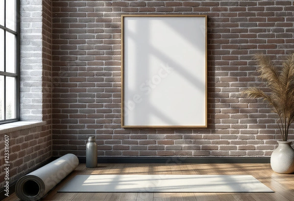 Obraz A white yoga mat lies on a wooden floor, accompanied by a gray water bottle and a white vase with dried flowers, with a brick wall and large window in the background. A4 frame mockup