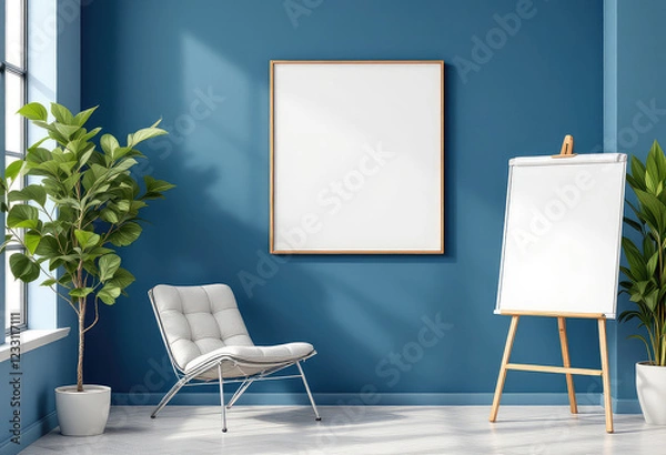 Fototapeta A white chair with a gray cushion sits in a blue-walled room, accompanied by a white easel and a large potted plant. A4 frame mockup