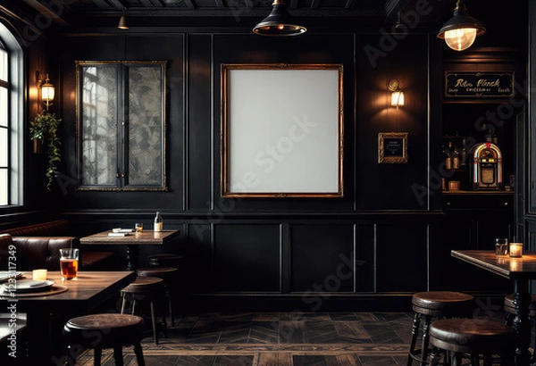 Obraz A cozy bar features dark wood paneling, a large whiteboard, and a bar with a glass of wine, accompanied by a sign for "Rosa Pina" and a "Sauce of the Week" menu. A4 frame mockup