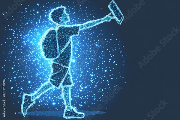Fototapeta Glowing wireframe of a teacher standing in front of a classroom, symbolizing education, technology, and innovation