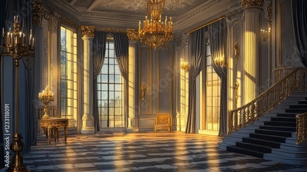 Fototapeta Illustration of medieval banquet room in baroque style with columns, stairways, curtained windows, and gold chandeliers. Interior of a castle hall with columns, staircases, curtains, and gold