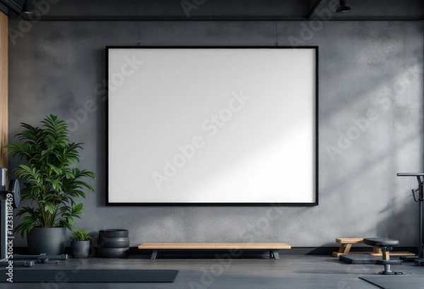 Obraz A large white blank canvas hangs on a gray wall, accompanied by a black bench, a black plant, and a wooden bench, creating a minimalist and modern gym or studio space. A4 frame mockup