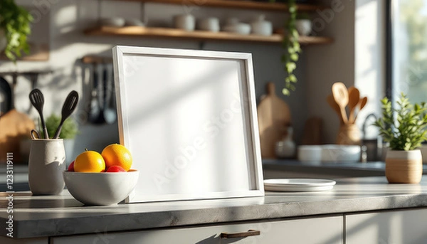 Obraz A white picture frame with a blank white canvas sits on a kitchen counter, accompanied by a bowl of oranges and a plant, with a window and wooden shelf in the background. A4 Frame Mockup