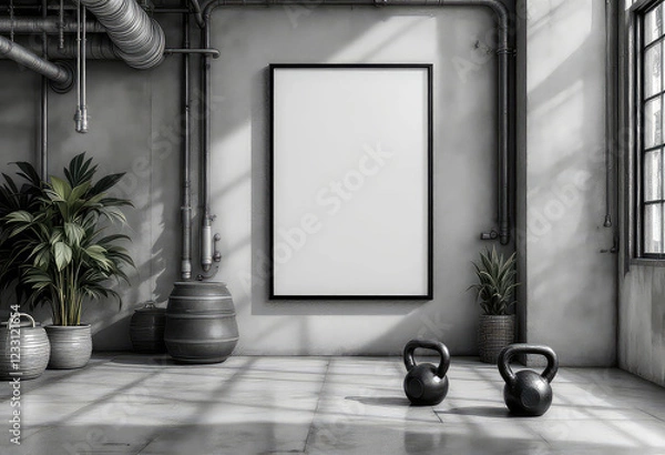 Obraz A black and white image of a gym interior features a large white poster on the wall, two black kettlebells, and two potted plants. A4 frame mockup