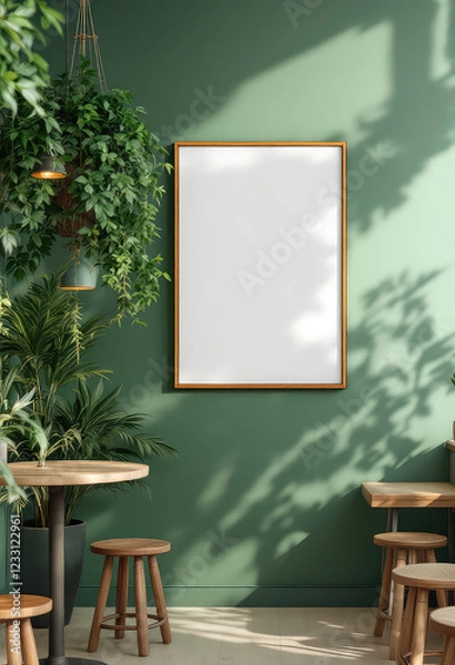 Obraz A green wall with a white framed picture, wooden table, and chairs, complemented by potted plants and a hanging plant, creates a serene and inviting atmosphere. A4 frame mockup