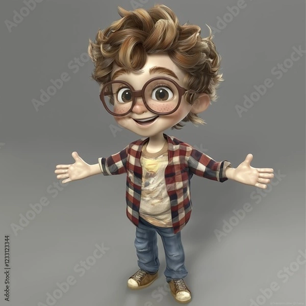 Fototapeta Adorable Young Boy with Glasses in 3D Cartoon Style - 4K Ultra HD Animation Character