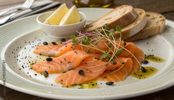 Obraz Smoked salmon with bread and microgreens on white plate