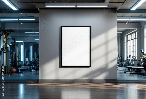 Obraz A white-framed picture is mounted on a gray wall in a gym, with a mirror and exercise equipment in the background. A4 Frame Mockup