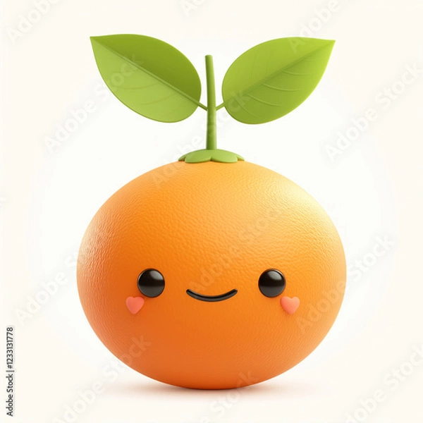 Fototapeta Orange fruit with happy face and green leaves on white background
