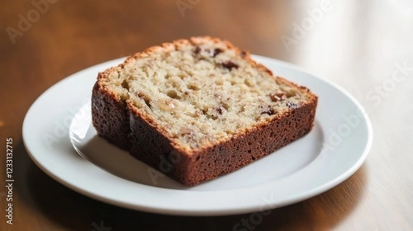 Fototapeta A slice of moist banana bread with walnuts and chocolate chips, placed on a plain white plate, Slice centered with a slightly angled view