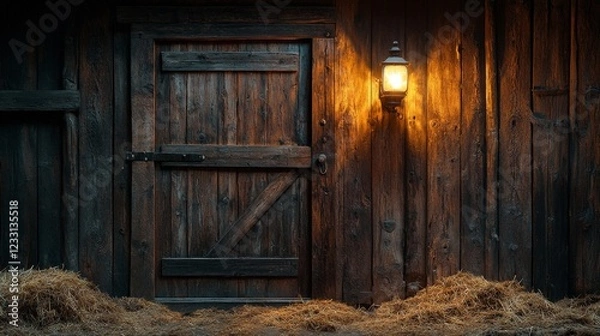 Fototapeta A rustic barn interior lit by a glowing lantern, showcasing wood textures and nostalgic warmth. Ideal for rural or storytelling themes.