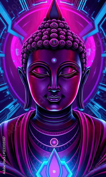 Fototapeta Futuristic illustration of Buddha in cyberpunk style