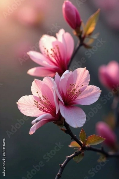 Fototapeta Delicate pink petals unfolding on bare branches, green leaves, bloom