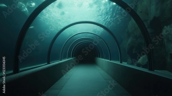 Fototapeta Underwater tunnel with glass ceiling in aquarium: a surreal submarine adventure