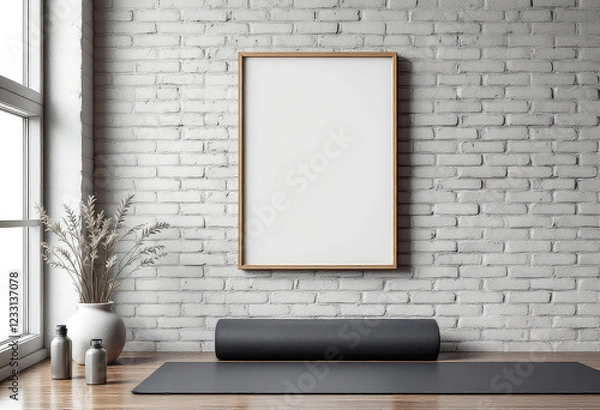 Obraz A white yoga mat lies on a wooden floor, accompanied by a black yoga mat, a white vase with dried plants, and a silver bottle. A4 Frame Mockup