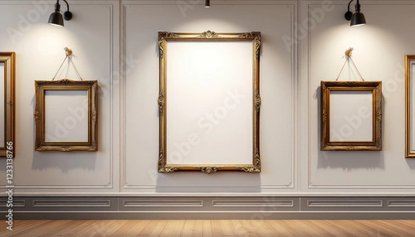 Obraz Three ornate gold frames with intricate designs hang on a white wall, accompanied by two blank white canvas paintings. A4 frame mockup