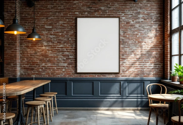 Obraz A rustic brick wall with a large white frame, a wooden table, and four stools is illuminated by two hanging pendant lights, with a window and plants adding to the cozy ambiance. A4 frame mockup