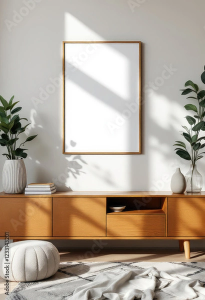Obraz A white-framed mirror with a gold border hangs on a light gray wall, accompanied by two potted plants and a wooden cabinet with a white vase and a stack of books. A4 Frame Mockup