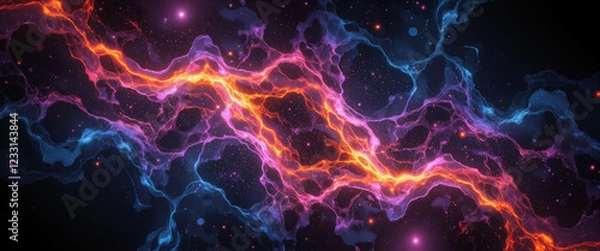 Fototapeta Ethereal glowing pathways of bright orange and blue hues weaving through a dark cosmic background, representing the concept of advanced materials and innovation