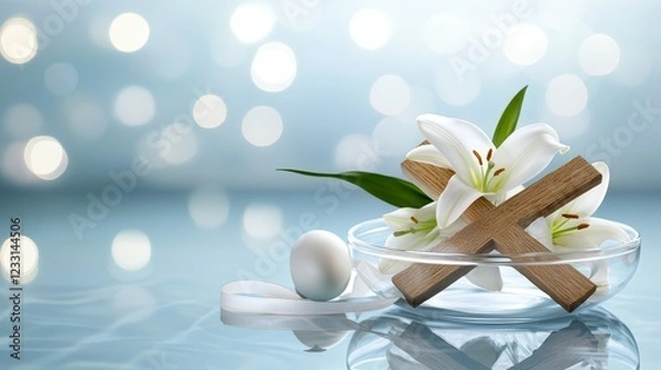 Obraz Floating wooden cross intertwined with fresh white lilies, softly illuminated on a calming blue backdrop, Easter serenity