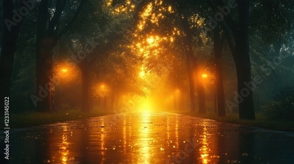 Fototapeta A Mystical Path Lit by Golden Lights through Dark Trees and a Wet Road