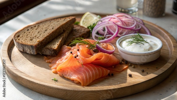 Obraz Smoked salmon with rye bread, red onions, and dill sauce
