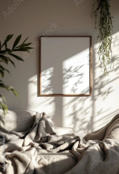 Obraz A white-framed picture with a blank space is hung on a light beige wall, accompanied by a plant and a shadow cast by the sun. A4 frame mockup