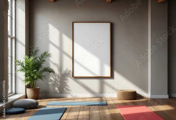 Obraz A serene yoga studio features a large window, gray walls, a wooden floor, and a minimalist design with a white frame, blue mat, and red mat. A4 frame mockup