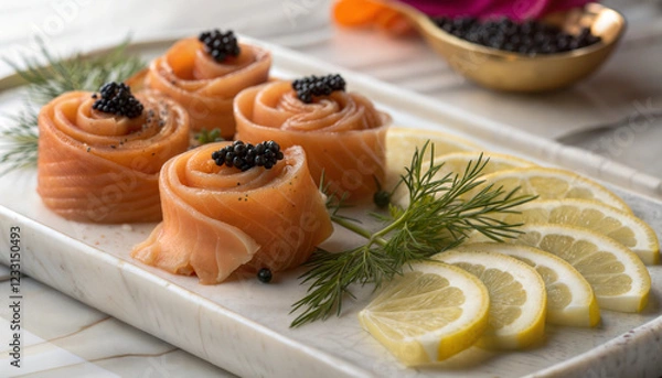 Obraz Smoked salmon roses with black caviar and lemon slices