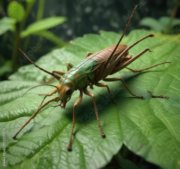 Fototapeta Large insect on a green leaf with long horns, grasshopper, insect, katydid