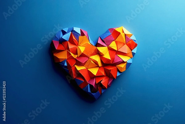 Obraz A colorful paper heart with a geometric design is displayed against a deep blue background. Copy space