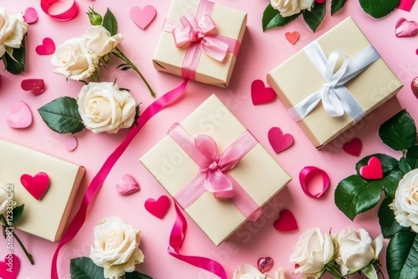Fototapeta Heart-shaped ribbon with gift boxes and roses on a pink background. Appropriate for Valentine's Day, Mother's Day, and birthdays. Romantic flat lay composition