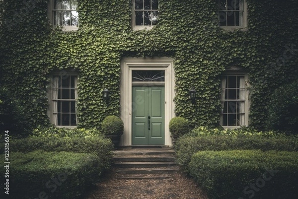 Fototapeta The lovely entrance of a house, adorned with vibrant green ivy and featuring a charming door, is complemented by a beautifully maintained garden on a serene afternoon