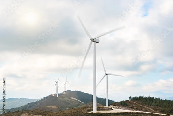 Fototapeta Wind turbines farm in eolic park generating energy with air flow with spinning blades in a rural setting. Clean renewable green wind power concept.