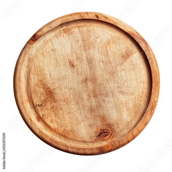 Fototapeta Rustic Wooden Pizza Board: A top-down view of a rustic wooden pizza board, showcasing its natural grain and round shape. This image is perfect for showcasing your culinary creations, food photography.