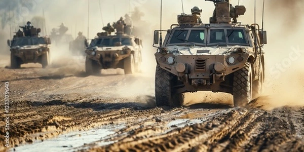 Fototapeta Armored vehicles advancing along a dirt road create a swirling cloud of dust during a military exercise, showcasing the power and strength of the army in action