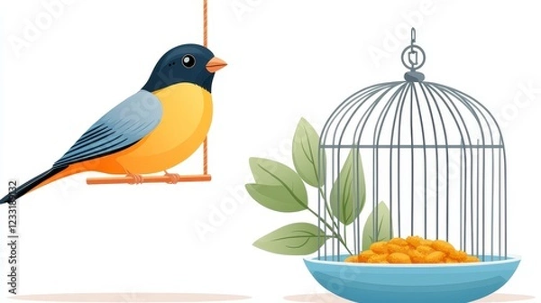 Fototapeta Colorful Bird on Swing Beside Cage with Food and Green Leaves