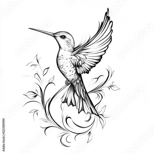 Fototapeta Hummingbird tattoo design, sticker style, on a white background, in black and grey vector art. 