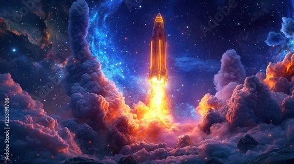 Fototapeta Rocket launching through vibrant nebula clouds.