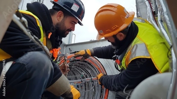 Fototapeta Installation technicians securing optic fiber with cable ties.