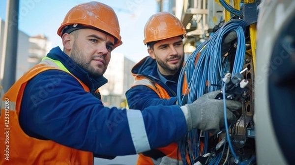 Obraz Installation technicians securing optic fiber with cable ties.