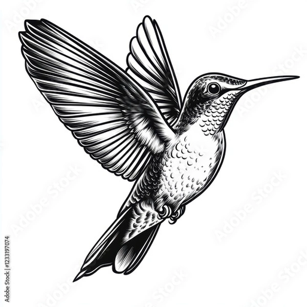Fototapeta Hummingbird tattoo design, sticker style, on a white background, in black and grey vector art. 