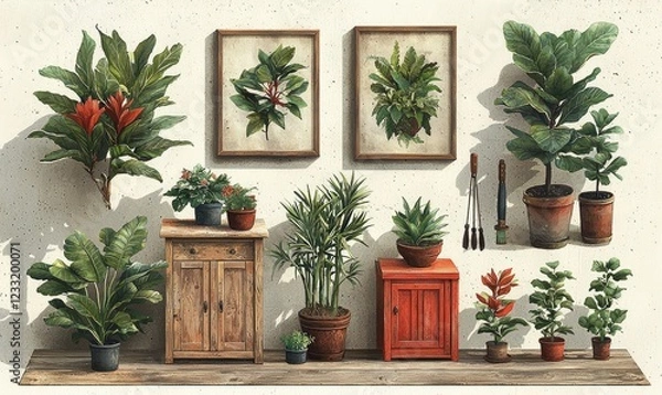 Fototapeta A decorative arrangement of various indoor plants and botanical art on a textured wall.