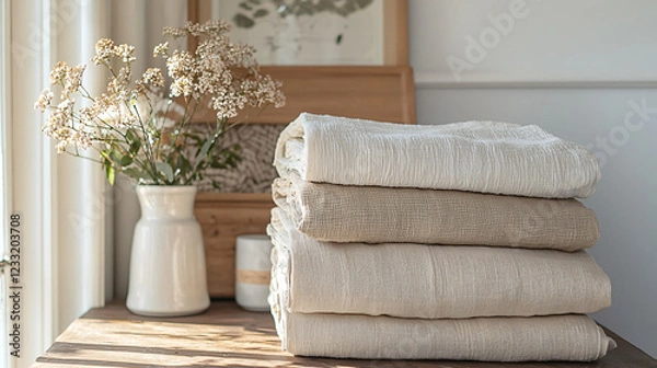 Fototapeta A collection of beautifully designed, eco-conscious clothing made from recycled fabrics, showcasing modern, sustainable fashion that resists the harmful effects of fast fashion, set in a tranquil and 