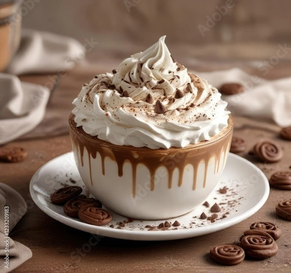 Fototapeta Delightful whipped cream mocha with chocolate swirls and a sprinkle of cocoa powder, creamy texture, coffee beans, cafe menu, refreshing, relaxation