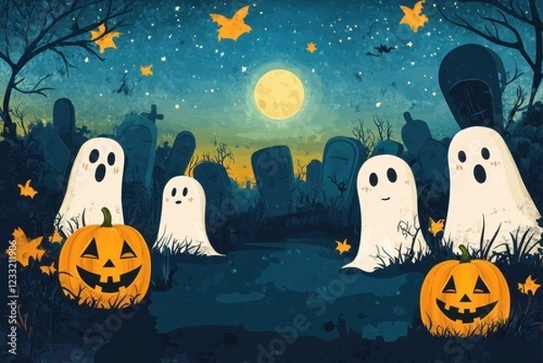 Fototapeta Friendly Ghosts and Pumpkins in a Spooky Graveyard