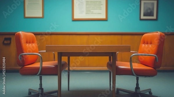 Obraz Brightly colored orange chairs and a wooden table in a minimalistic blue room with framed artwork on the walls