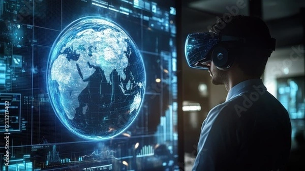 Fototapeta A photorealistic 3D render of a business executive using an AR headset to view a holographic Earth, displaying live global trade data.