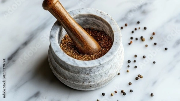 Fototapeta Wooden Pestle and Marble Mortar with Colorful Spices on a Marble Surface for Culinary Use
